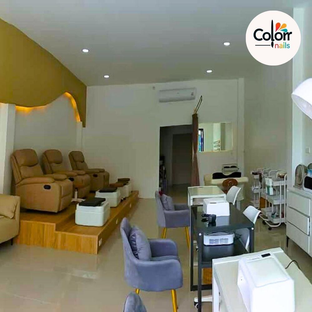 Nail polish wall and pedicure lounge inside Colorr Nails studio, Koh Phangan